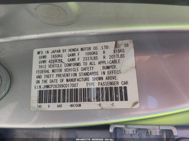 46237779 :رقم المزاد ، JHMCP26399C017007 vin ، 2009 Honda Accord 2.4 Lx مزاد بيع