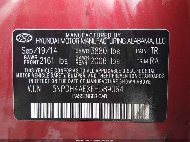 Продаж на аукціоні авто 2015 Hyundai Elantra Se, vin: 5NPDH4AEXFH589064, номер лоту: 46237783