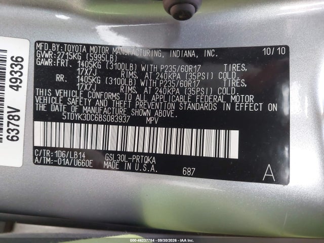 2011 Toyota Sienna Xle V6 მანქანა იყიდება აუქციონზე, vin: 5TDYK3DC6BS083937, აუქციონის ნომერი: 46237784