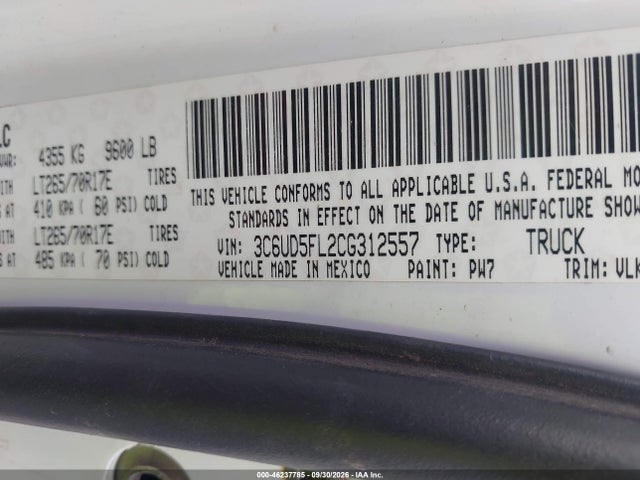 Auction sale of the 2012 Dodge Ram 2500, vin: 3C6UD5FL2CG312557, lot number: 46237785