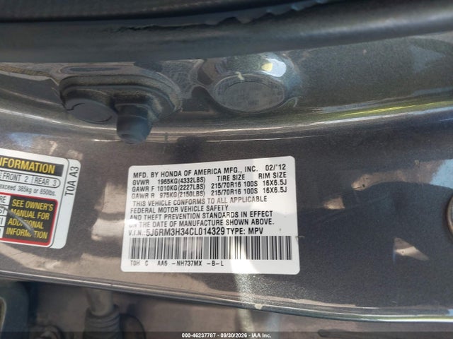 Aukcja sprzedaży 2012 Honda Cr-v Lx, vin: 5J6RM3H34CL014329, numer aukcji: 46237787