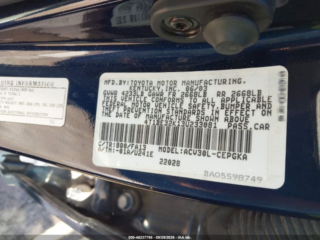 Продажа на аукционе авто 2003 Toyota Camry Xle, vin: 4T1BE32K13U233081, номер лота: 46237798