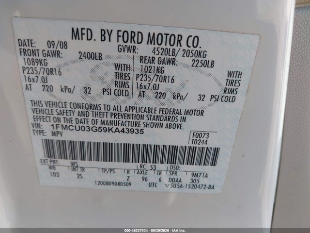 2009 Ford Escape Xlt მანქანა იყიდება აუქციონზე, vin: 1FMCU03G59KA43935, აუქციონის ნომერი: 46237804