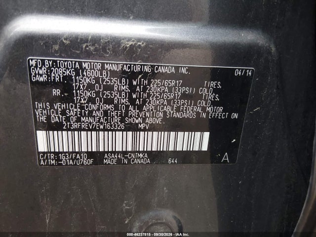 2014 Toyota Rav4 Xle მანქანა იყიდება აუქციონზე, vin: 2T3RFREV7EW163326, აუქციონის ნომერი: 46237815