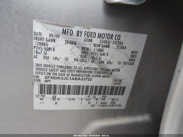 2010 Ford Edge Sel მანქანა იყიდება აუქციონზე, vin: 2FMDK3JC1ABA33722, აუქციონის ნომერი: 46237824