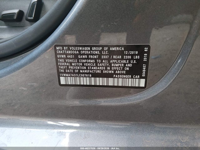 2020 Volkswagen Passat 2.0t R-line მანქანა იყიდება აუქციონზე, vin: 1VWMA7A31LC007619, აუქციონის ნომერი: 46237839