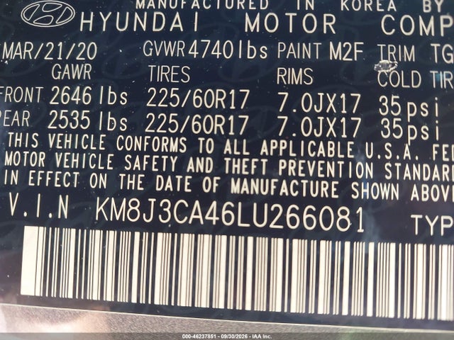 Aukcja sprzedaży 2020 Hyundai Tucson Value, vin: KM8J3CA46LU266081, numer aukcji: 46237851