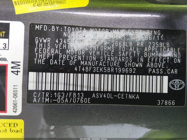 2011 Toyota Camry Le მანქანა იყიდება აუქციონზე, vin: 4T4BF3EK5BR199692, აუქციონის ნომერი: 46237869