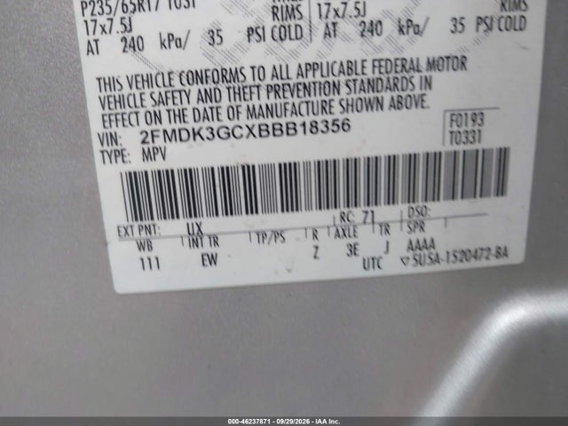 2011 Ford Edge Se მანქანა იყიდება აუქციონზე, vin: 2FMDK3GCXBBB18356, აუქციონის ნომერი: 46237871