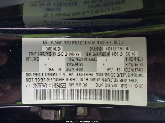2020 Mazda Mazda3 Preferred Package მანქანა იყიდება აუქციონზე, vin: 3MZBPADL4LM134829, აუქციონის ნომერი: 46237881