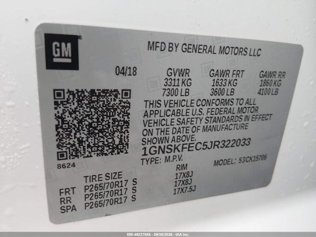 46237885 :رقم المزاد ، 1GNSKFEC5JR322033 vin ، 2018 Chevrolet Tahoe Commercial Fleet مزاد بيع