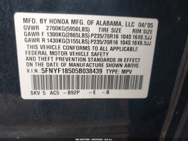 2005 Honda Pilot Ex-l მანქანა იყიდება აუქციონზე, vin: 5FNYF18505B038439, აუქციონის ნომერი: 46237895