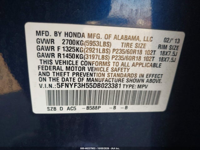 Продажа на аукционе авто 2013 Honda Pilot Ex-l, vin: 5FNYF3H55DB023381, номер лота: 46237903