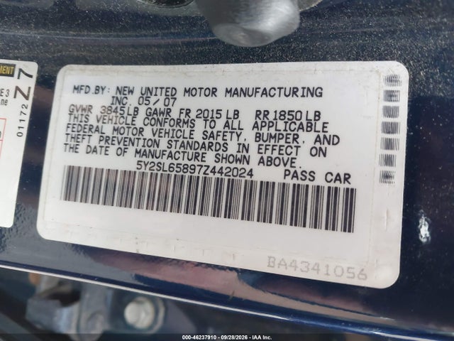 2007 Pontiac Vibe მანქანა იყიდება აუქციონზე, vin: 5Y2SL65897Z442024, აუქციონის ნომერი: 46237910