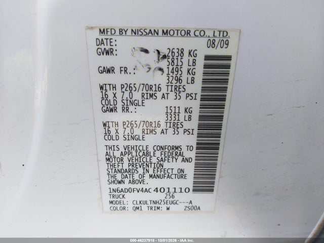 2010 Nissan Frontier Se მანქანა იყიდება აუქციონზე, vin: 1N6AD0FV4AC401110, აუქციონის ნომერი: 46237918