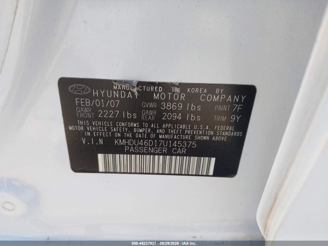 Aukcja sprzedaży 2007 Hyundai Elantra Gls/limited/se, vin: KMHDU46D17U145375, numer aukcji: 46237927