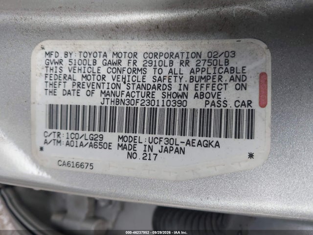 46237952 :رقم المزاد ، JTHBN30F230110390 vin ، 2003 Lexus Ls 430 مزاد بيع