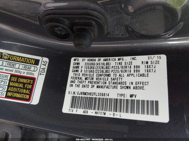 Продаж на аукціоні авто 2015 Honda Cr-v Touring, vin: 5J6RM3H92FL008814, номер лоту: 46237962