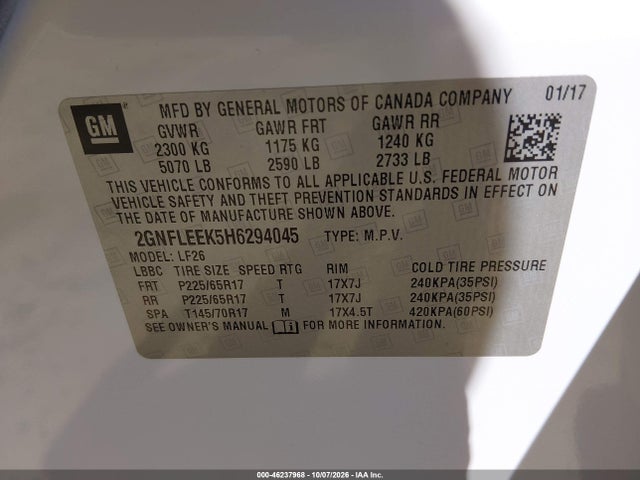 46237968 :رقم المزاد ، 2GNFLEEK5H6294045 vin ، 2017 Chevrolet Equinox Ls مزاد بيع