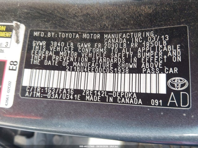 Aukcja sprzedaży 2013 Toyota Corolla L, vin: 2T1BU4EE0DC051938, numer aukcji: 46237969