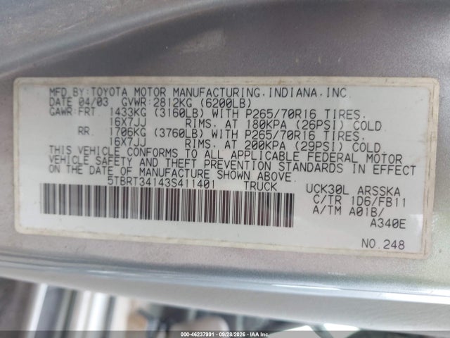 Продажа на аукционе авто 2003 Toyota Tundra Sr5 V8, vin: 5TBRT34143S411401, номер лота: 46237991