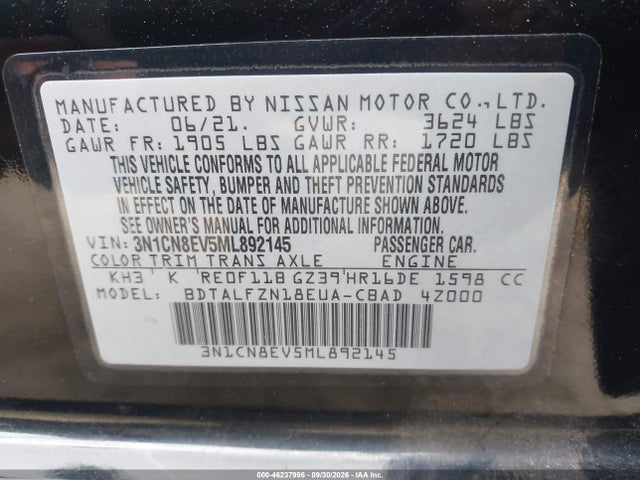 Aukcja sprzedaży 2021 Nissan Versa Sv Xtronic Cvt, vin: 3N1CN8EV5ML892145, numer aukcji: 46237996