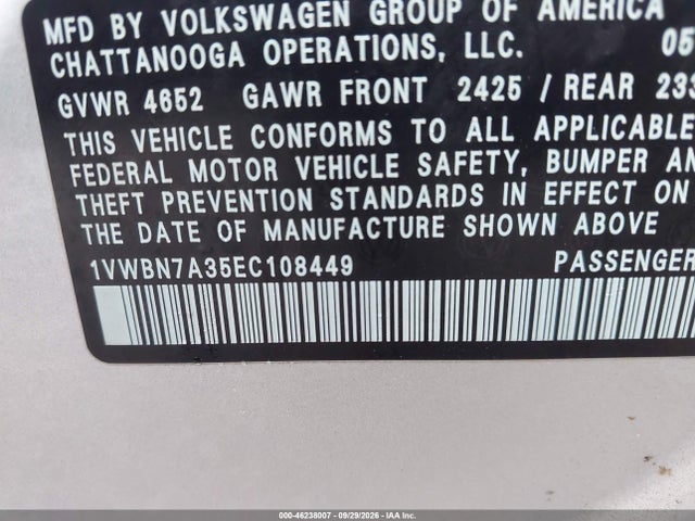 2014 Volkswagen Passat 2.0l Tdi Se მანქანა იყიდება აუქციონზე, vin: 1VWBN7A35EC108449, აუქციონის ნომერი: 46238007