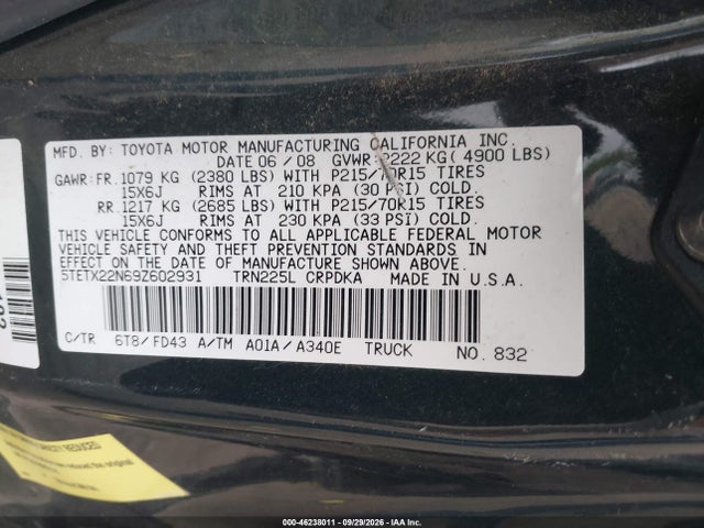 Aukcja sprzedaży 2009 Toyota Tacoma, vin: 5TETX22N69Z602931, numer aukcji: 46238011