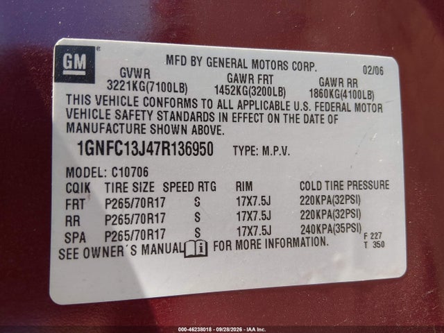 2007 Chevrolet Tahoe Lt მანქანა იყიდება აუქციონზე, vin: 1GNFC13J47R136950, აუქციონის ნომერი: 46238018
