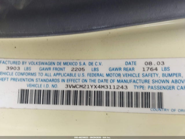 Продаж на аукціоні авто 2004 Volkswagen New Beetle Gls, vin: 3VWCM21YX4M311243, номер лоту: 46238023