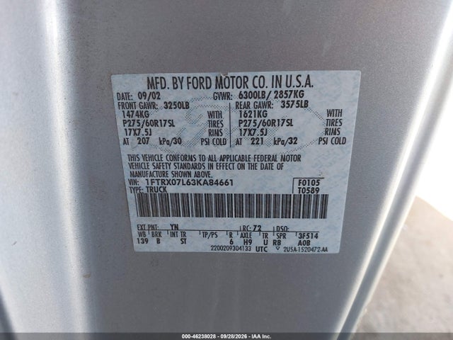 Продаж на аукціоні авто 2003 Ford F-150 Lariat/xl/xlt, vin: 1FTRX07L63KA84661, номер лоту: 46238028