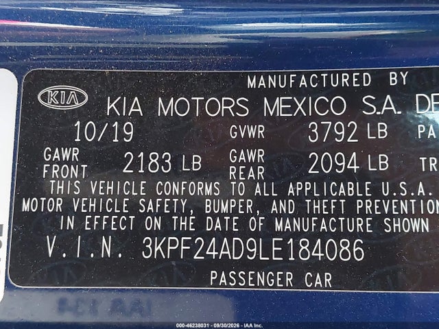 46238031 :رقم المزاد ، 3KPF24AD9LE184086 vin ، 2020 Kia Forte Lxs مزاد بيع