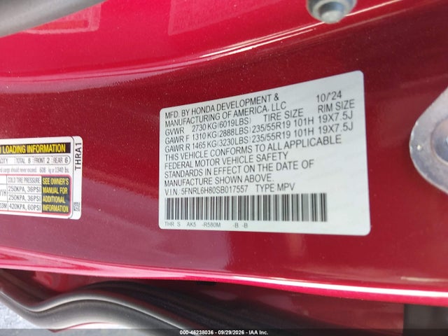 46238036 :رقم المزاد ، 5FNRL6H80SB017557 vin ، 2025 Honda Odyssey Touring مزاد بيع
