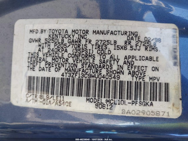 46238040 :رقم المزاد ، 4T3ZF13C9WU040549 vin ، 1998 Toyota Sienna Xle مزاد بيع