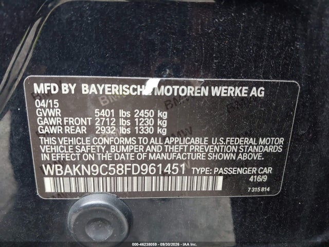 2015 Bmw 550i მანქანა იყიდება აუქციონზე, vin: WBAKN9C58FD961451, აუქციონის ნომერი: 46238059