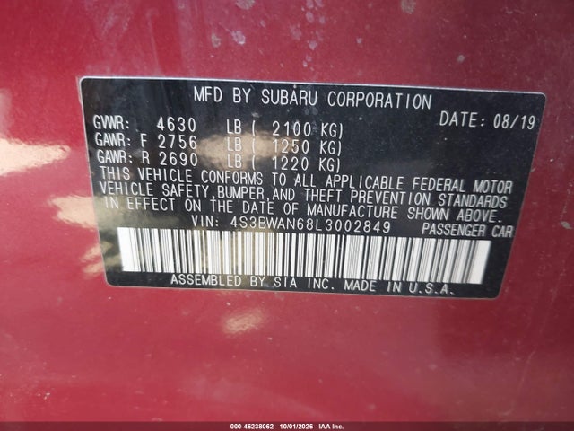 Aukcja sprzedaży 2020 Subaru Legacy Limited, vin: 4S3BWAN68L3002849, numer aukcji: 46238062