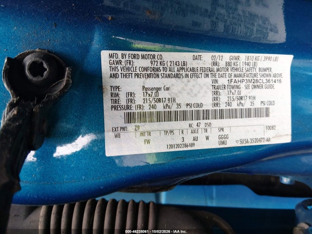 Продажа на аукционе авто 2012 Ford Focus Sel, vin: 1FAHP3M28CL361416, номер лота: 46238061