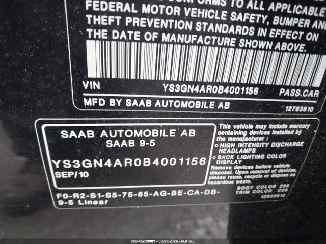 2011 Saab 9-5 Turbo4/turbo4 Premium მანქანა იყიდება აუქციონზე, vin: YS3GN4AR0B4001156, აუქციონის ნომერი: 46238089