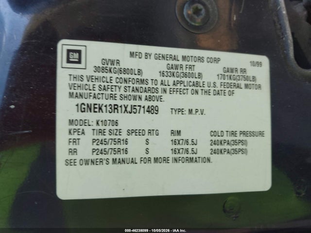 46238099 :رقم المزاد ، 1GNEK13R1XJ571489 vin ، 1999 Chevrolet Tahoe Ls مزاد بيع