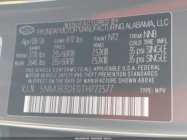 Aukcja sprzedaży 2026 Hyundai Tucson Sel, vin: 5NMJB3DE0TH722577, numer aukcji: 46238100