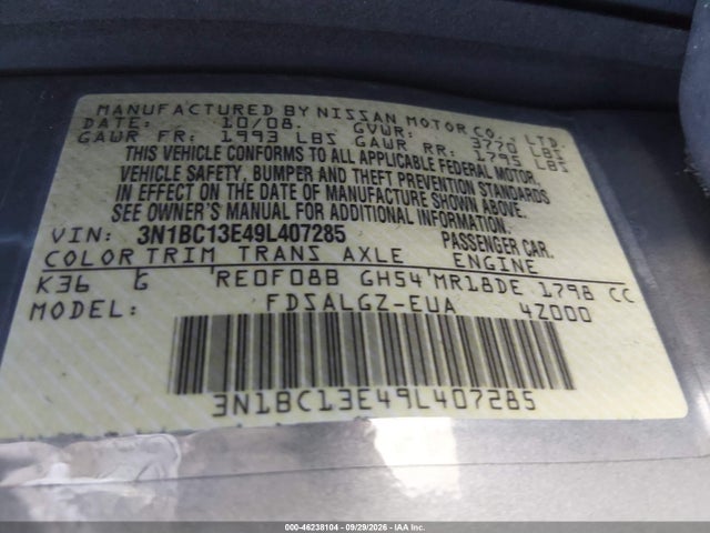2009 Nissan Versa 1.8sl მანქანა იყიდება აუქციონზე, vin: 3N1BC13E49L407285, აუქციონის ნომერი: 46238104