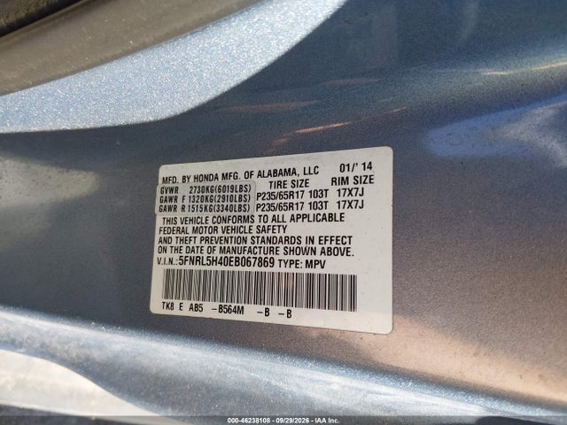 Aukcja sprzedaży 2014 Honda Odyssey Ex, vin: 5FNRL5H40EB067869, numer aukcji: 46238108