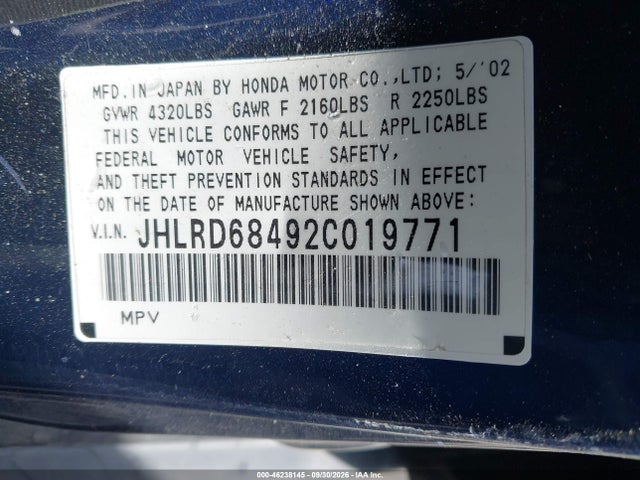 Продаж на аукціоні авто 2002 Honda Cr-v Lx, vin: JHLRD68492C019771, номер лоту: 46238145