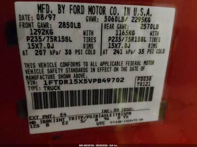 1997 Ford Ranger Splash/stx/xlt მანქანა იყიდება აუქციონზე, vin: 1FTDR15X5VPB49702, აუქციონის ნომერი: 46238156