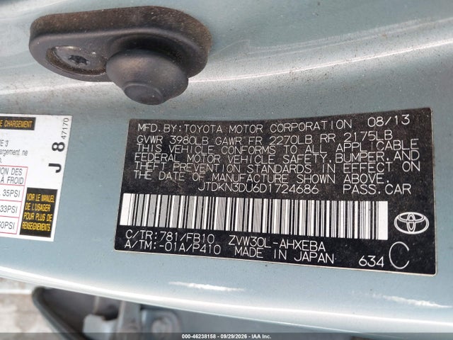 46238158 :رقم المزاد ، JTDKN3DU6D1724686 vin ، 2013 Toyota Prius Two مزاد بيع