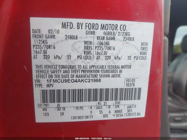 2010 Ford Escape Limited მანქანა იყიდება აუქციონზე, vin: 1FMCU9EG4AKC21968, აუქციონის ნომერი: 46238185