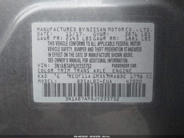 46238200 :رقم المزاد ، 3N1AB7AP8JY233752 vin ، 2018 Nissan Sentra S مزاد بيع