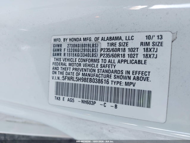 Продажа на аукционе авто 2014 Honda Odyssey Touring/touring Elite, vin: 5FNRL5H98EB038616, номер лота: 46238208