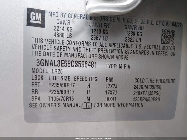 Aukcja sprzedaży 2012 Chevrolet Captiva Sport Lt, vin: 3GNAL3E58CS596481, numer aukcji: 46238211