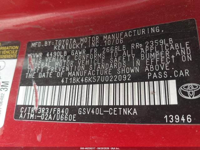 46238217 :رقم المزاد ، 4T1BK46K57U022092 vin ، 2007 Toyota Camry Le V6 مزاد بيع